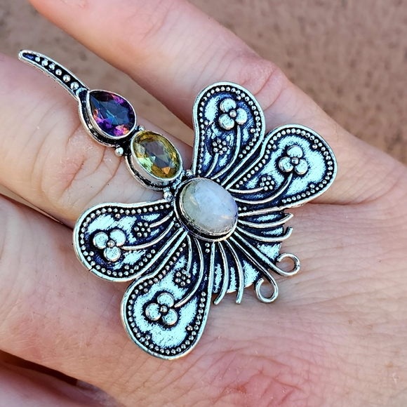 New Multi Gemstone 925 Silver Dragonfly Ring. - Picture 2 of 13
